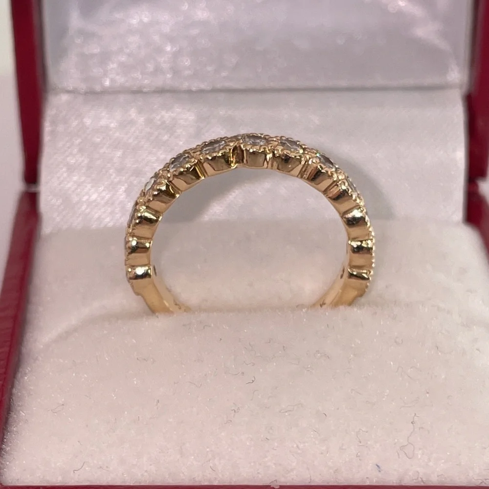Solid Stamped 14K Yellow Gold Natural Diamond Semi Eternity Round Bead Band Ring